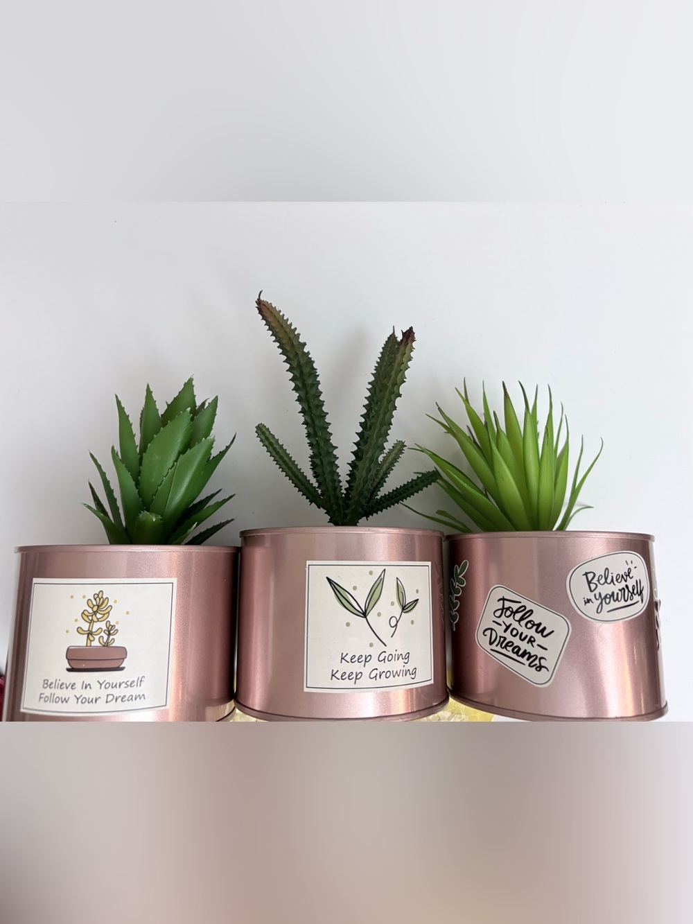 Desk Home Decor Faux Plant with Faux Succulents In Rose Gold Holders Rocks Inclu